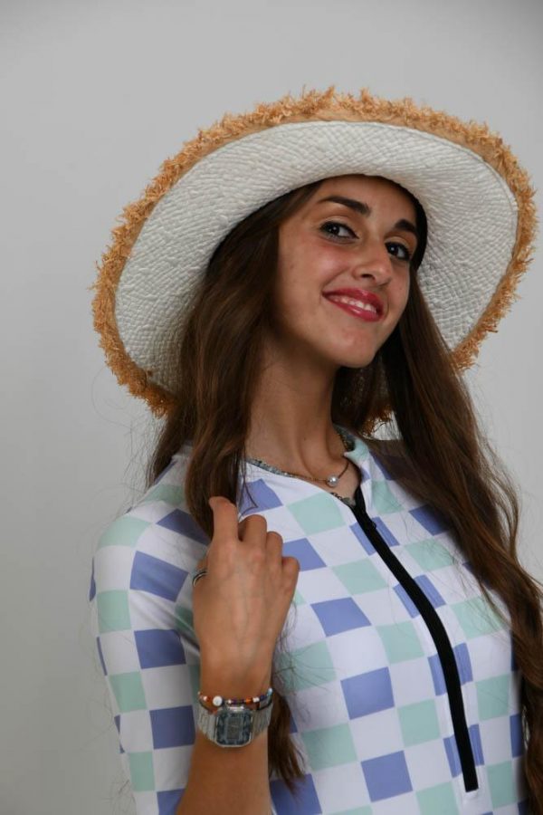 Body blanc damiers vert et mauve